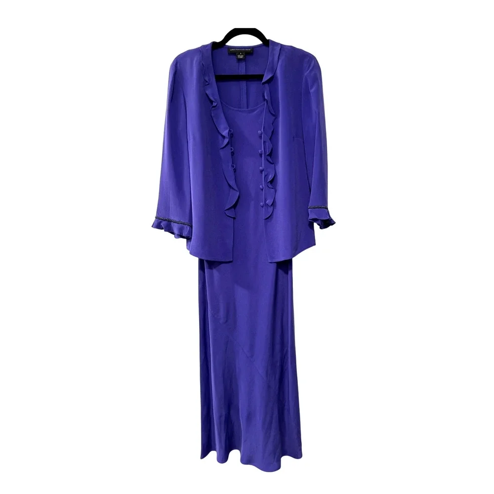 Silk 2 Pc Set Purple Beaded Ruffle Jacket VNTG A-Line Maxi Slip Dress Jones NY 8 - Picture 2 of 11